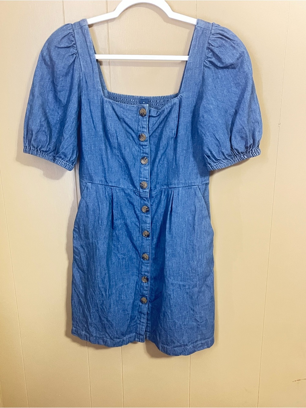 Old Navy Square Neck Puff Sleeve Button-Front Denim Mini Dress in Blue Small